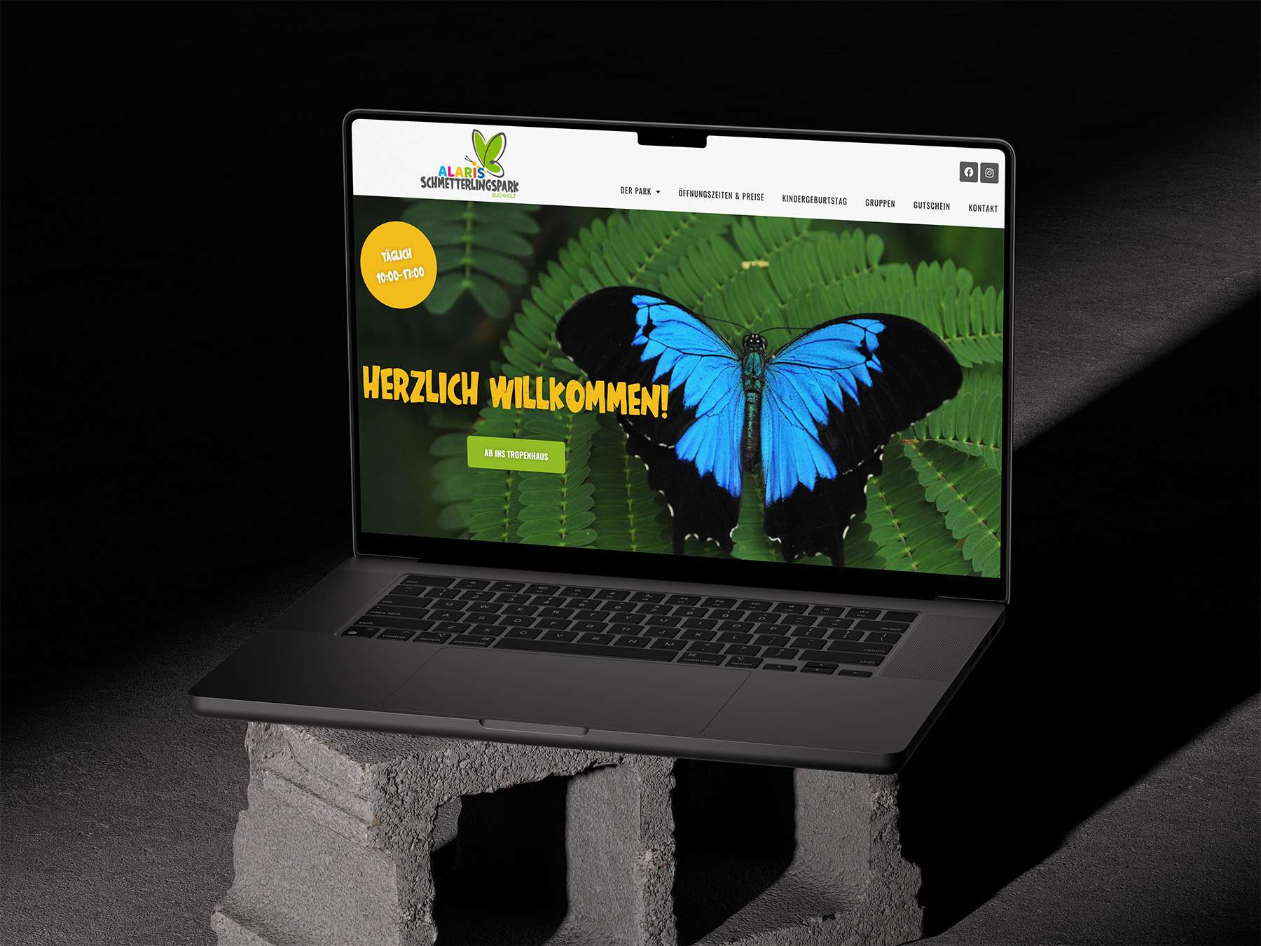 Desktopansicht der ALARIS Schmetterlingspark-Website zeigt die lebendige Startseite mit exotischen Schmetterlingsbildern.
